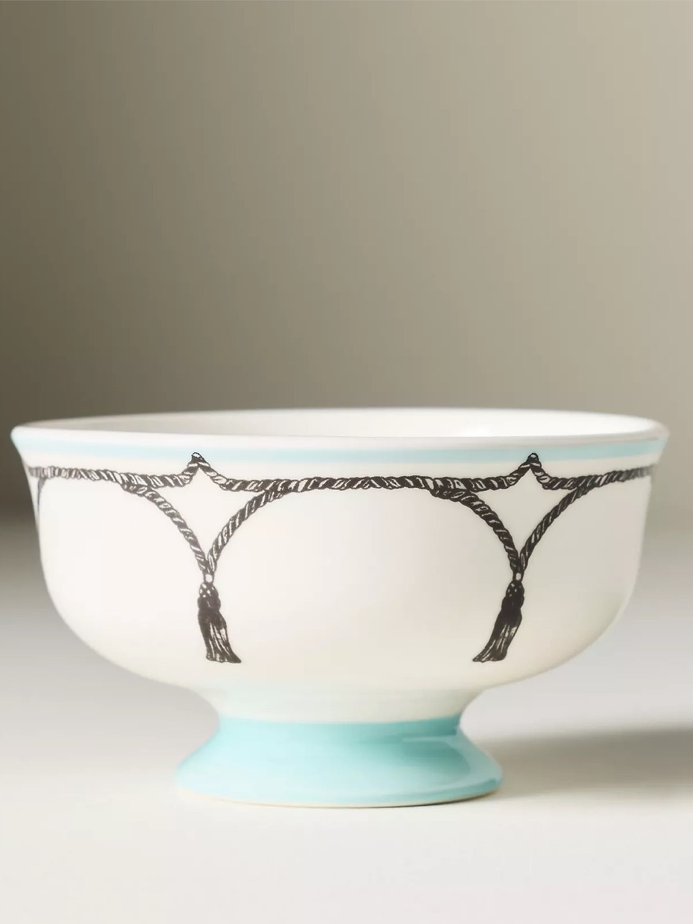 Anthropologie Reverie Stoneware Nut Bowl Teal and Black Tassel Print